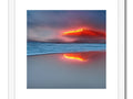 Art print of lava erupting in the middle of a volcano in a red background and