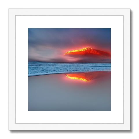 Art print of lava erupting in the middle of a volcano in a red background and