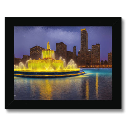 A silver framed photograph of a city skyline of the city of Chicago, Illinois.