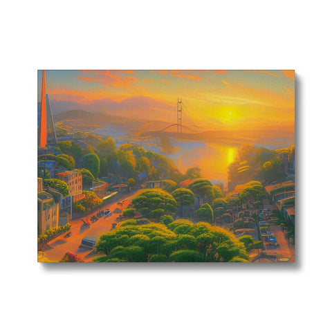 A street with trees, hills and a golden gate with a sunset.