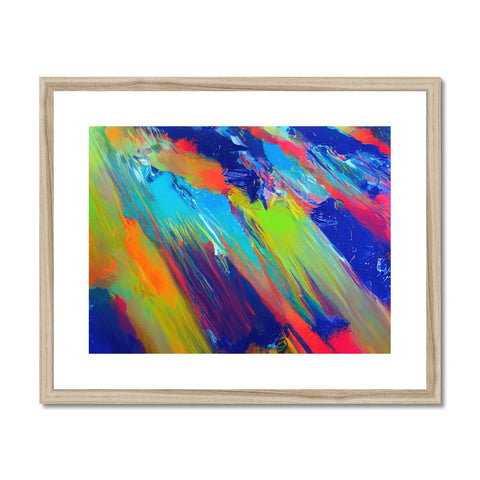 An art print on a wooden plate by a fireplace with beautiful colors.