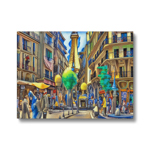 A street filled with people walking across a cobblestone street with an art print.