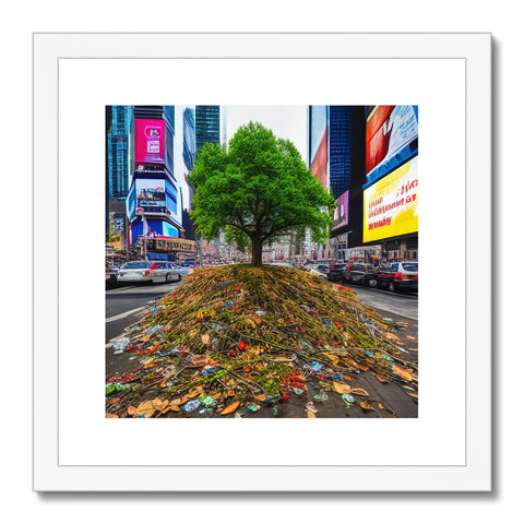 A colorful tree lying near an art print of recycling.