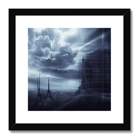 Art print of Paris standing with clouds overhead, lit by a fire, and buildings.