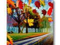 A colorful autumn leaf scene displayed on a canvas with a leafcovered tree stand.