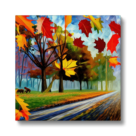 A colorful autumn leaf scene displayed on a canvas with a leafcovered tree stand.