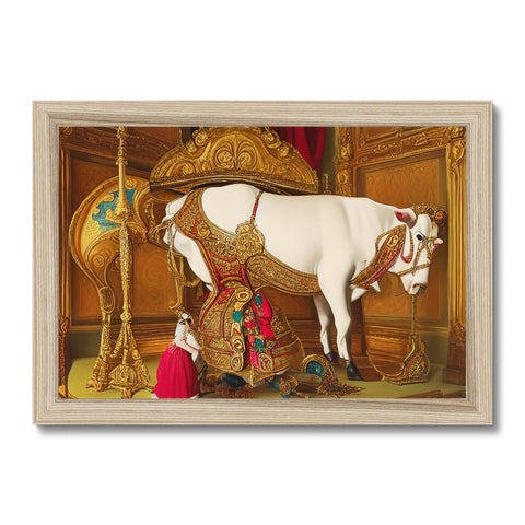 A white cow on a white wall next to a gold plate and wall calendar.