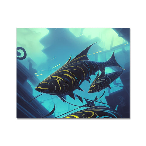 Art prints of a large fish on a beach with blue sky.