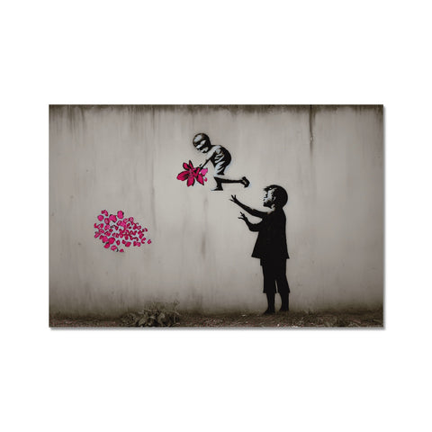 A graffiti spray print with a pink flower and a flower sticking to a wall on a
