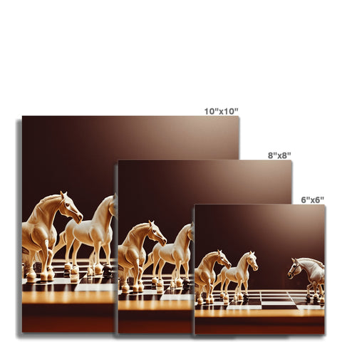 A bunch of different types of brown horses riding over ceramic tiles.