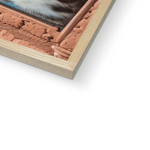 A close up photo of a cat is mounted to a wooden cat book case.