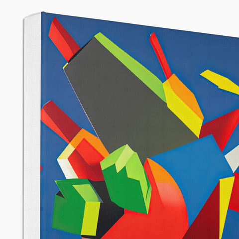 a painting of colorful geometric figures is on cardboard.