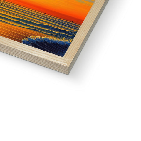 An art print printed on wooden display boards is sitting on top of a wood framed desk