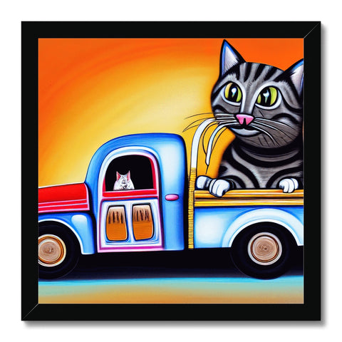 a colored cat walking on the side of a busy street with a motorhome