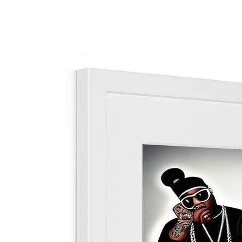 There is a picture of a man with red teeth on a photo in a frames.