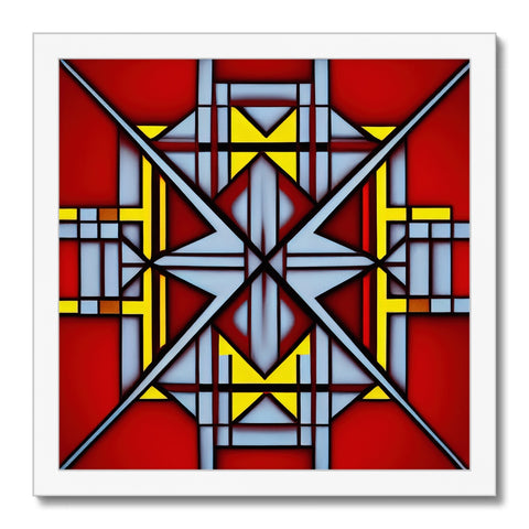 An abstract design of a cross hanging hanging with a yellow border and a red wall.