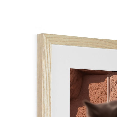 a close up of a cat peeking into a brick window with it's ears and
