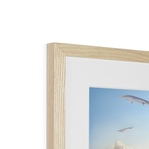 A wooden picture framed by a white picture frame.