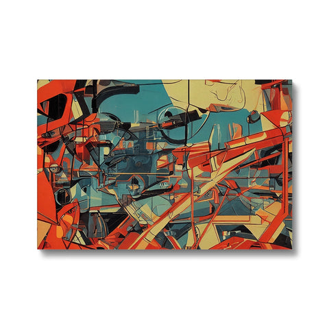 An art print that has many colorful borders and is hanging on a tapestry.