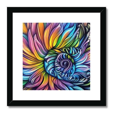 A colorful flower displayed in a picture on a wooden frame and on a frame.