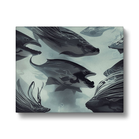 An art print of a fish and a sea creature floating in water.