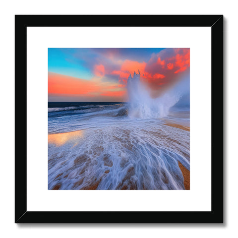 A framed art print of a wave crashing into the sea below