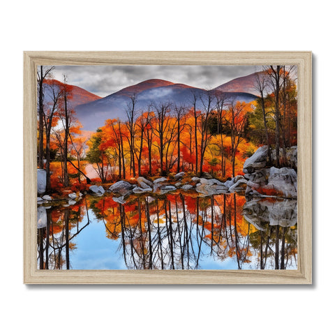 A wall hanging with colorful pictures of fall foliage outside.