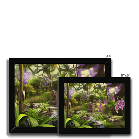 A picture frame filled with photos of tropical plants with large purple orchids.