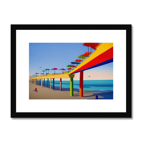 A life guard tower is framed by a group of colorful prints on a table.