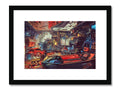 A framed print with an image of a robot in the middle of a room under a