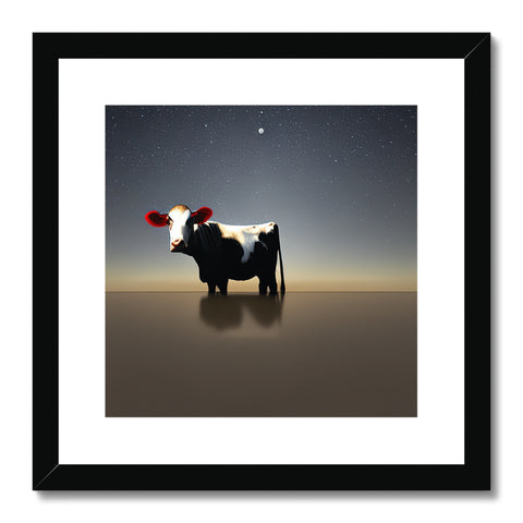 A cow stands up with its head turned in in the grass under the stars.