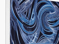 A painting of a swirling wave is displayed on a book case.