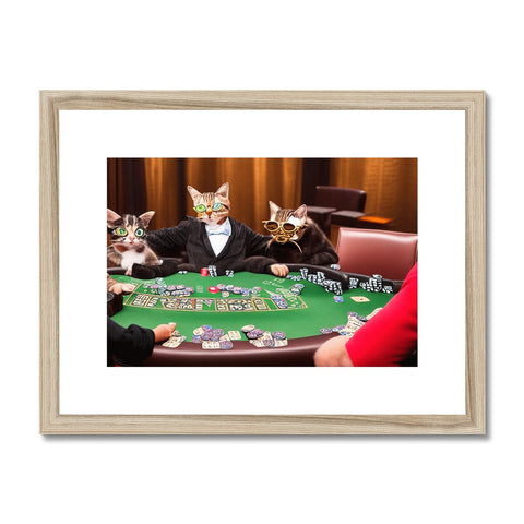 There is a picture of five cats playing poker at a casino.