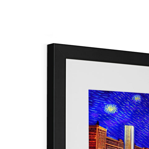 An attractive picture frame with a clock and a photo of a city skyline outside on a