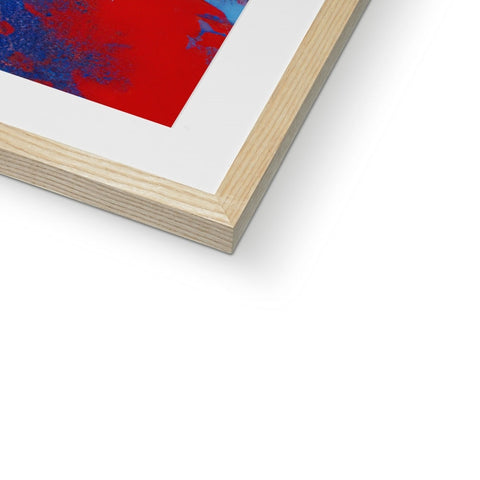 An art print on a wooden frame sitting upright and holding a picture of an abstract painting