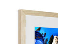 A photo has a wooden picture frame on it in a small place with a tree in
