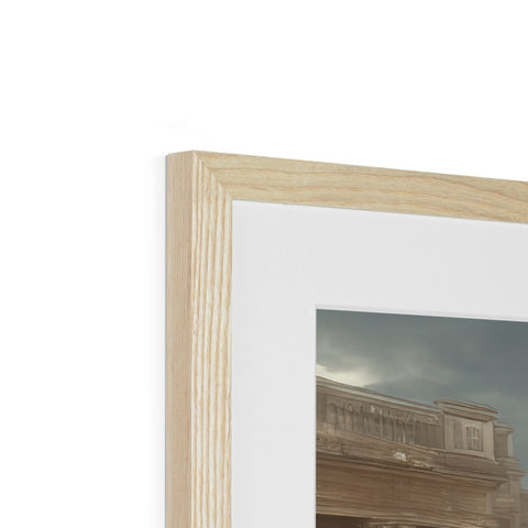 A photo of a house framed in wood on a white plate.