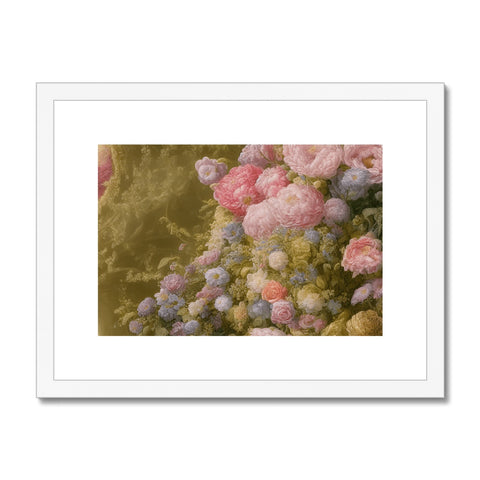 An  old framed art print with flowers and grapes.