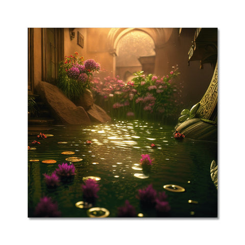 An art print has a lily pond at night by the shore.
