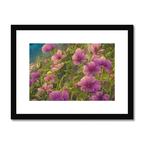 Art print of purple flowers on a cardboard covered in pink flowers.