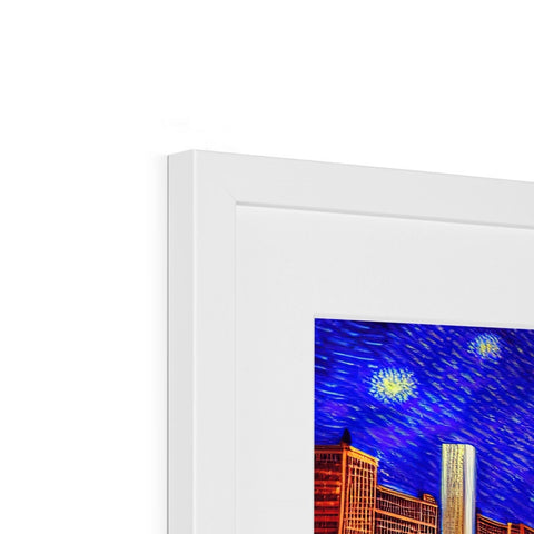 Color paintings are on a framed clock facing a city skyline.