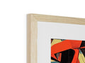 A wooden frame for an abstract painting sitting on shelves with a single image on the wall