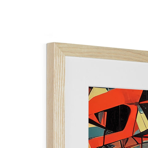 A wooden frame for an abstract painting sitting on shelves with a single image on the wall