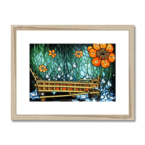 A wooden framed picture of a yellow and orange raft next to a rowboat beside a