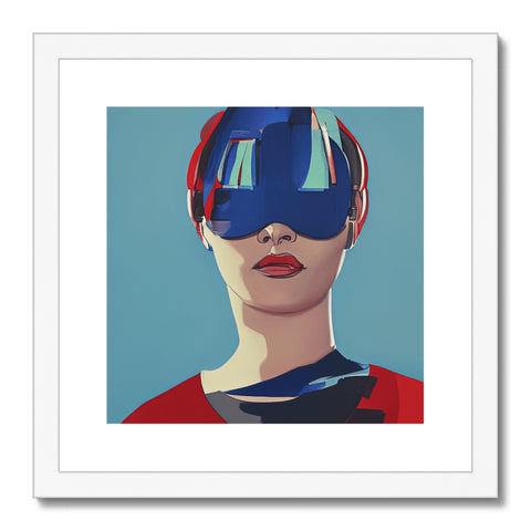 A framed print of an anaglyph standing against a wall.