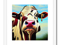 A cow with red and white stripes in her face walks with it's head hanging on