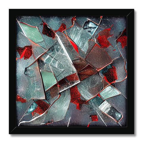 a metal framed window pane with broken glass, a broken glass case and shattered glass