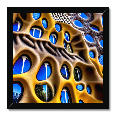 A white framed picture of cell structures near a waterfall on a kitchen wall.