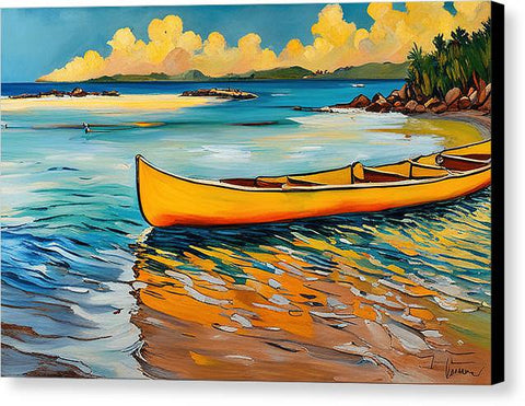 Canoe Reflecting in Water Beautiful Hawaii Beach Painting - Canvas Print