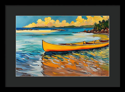 Canoe Reflecting in Water Beautiful Hawaii Beach Painting - Framed Print